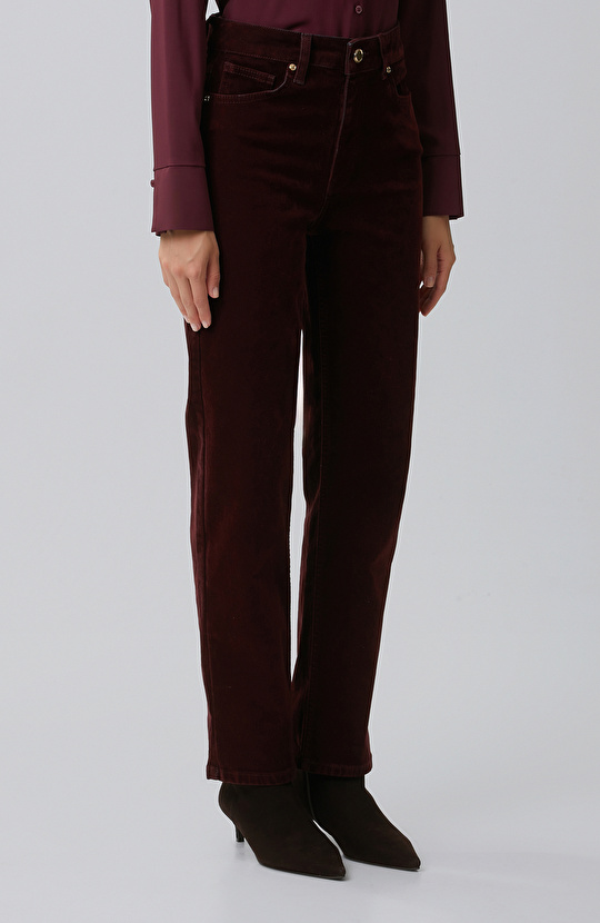 Bordo Straight Fit Kadife Denim Pantolon