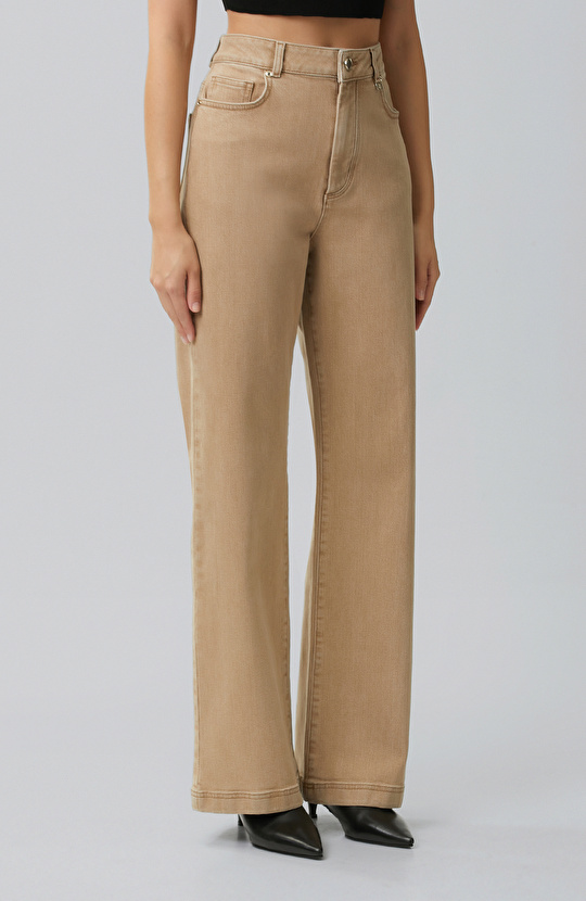 Bej Wide Leg Denim Pantolon