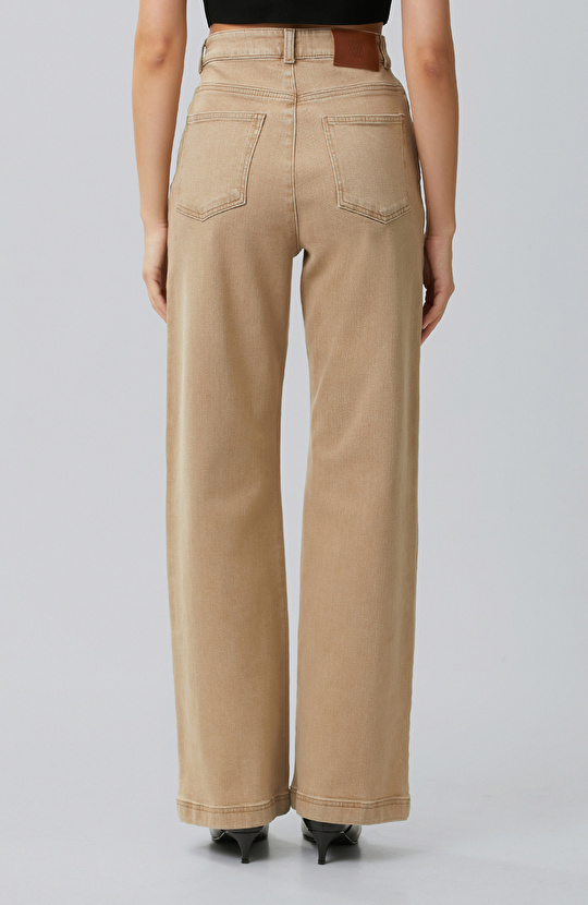 Bej Wide Leg Denim Pantolon