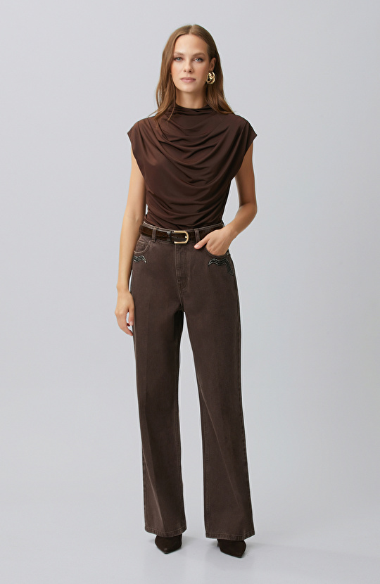 Kahverengi Wide Leg Taş Baskılı Denim Pantolon