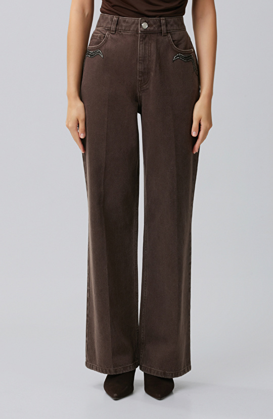 Kahverengi Wide Leg Taş Baskılı Denim Pantolon