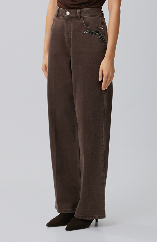 Kahverengi Wide Leg Taş Baskılı Denim Pantolon