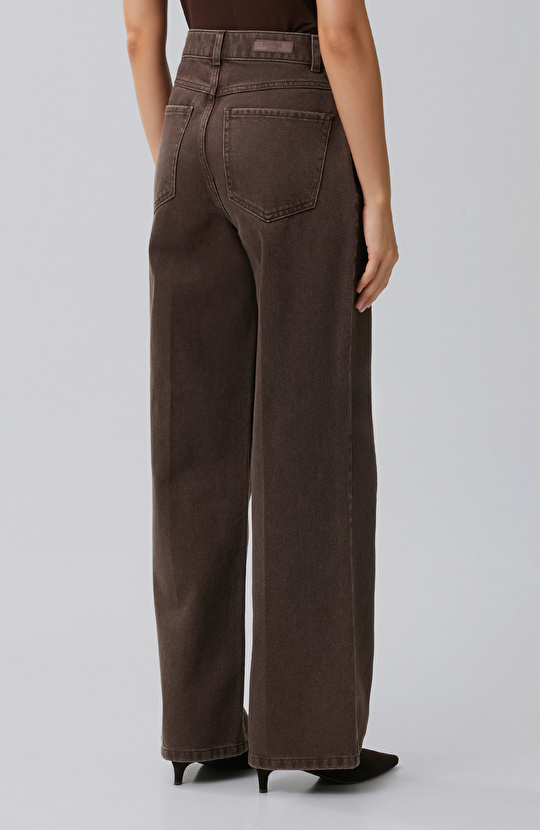 Kahverengi Wide Leg Taş Baskılı Denim Pantolon