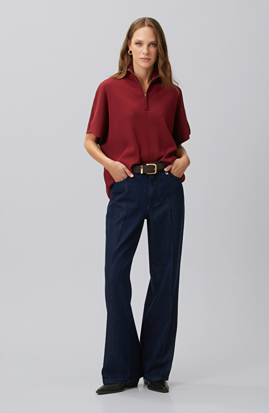 Indigo Mid Waist Wide Leg Ütü İzli Denim Pantolon