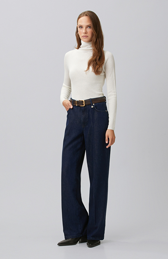 Indigo Mid Waist Wide Leg Ütü İzli Denim Pantolon