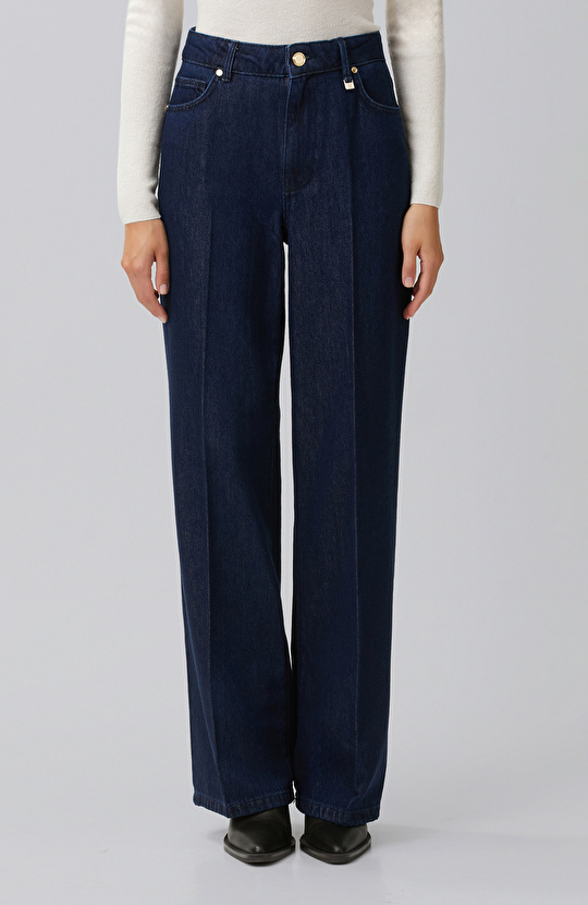 Indigo Mid Waist Wide Leg Ütü İzli Denim Pantolon