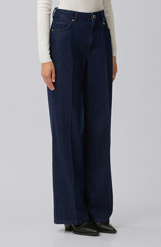 Indigo Mid Waist Wide Leg Ütü İzli Denim Pantolon