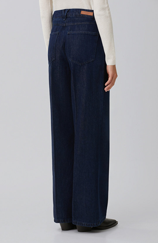 Indigo Mid Waist Wide Leg Ütü İzli Denim Pantolon