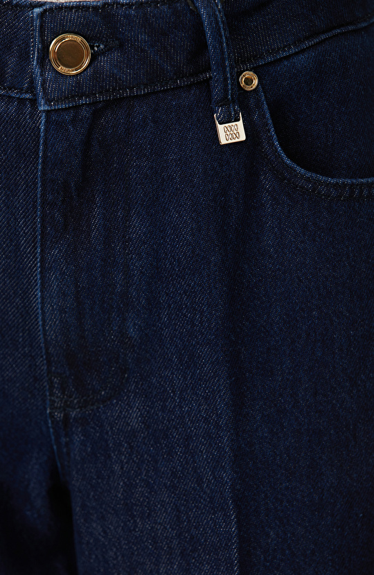 Indigo Mid Waist Wide Leg Ütü İzli Denim Pantolon