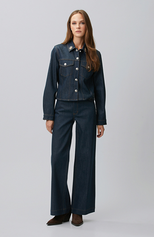 Indigo Mavi Bel Toka Detaylı Denim Pantolon