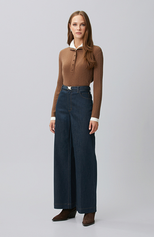 Indigo Mavi Bel Toka Detaylı Denim Pantolon
