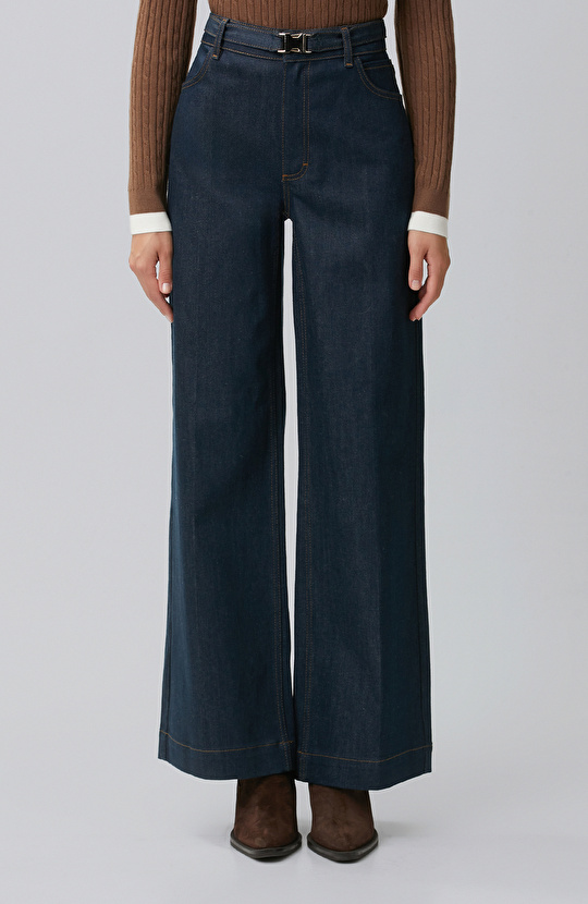 Indigo Mavi Bel Toka Detaylı Denim Pantolon