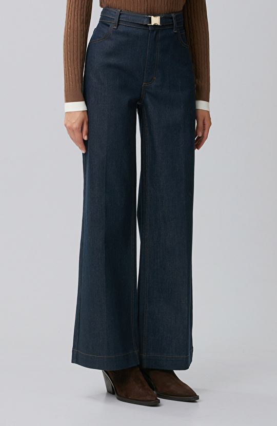 Indigo Mavi Bel Toka Detaylı Denim Pantolon