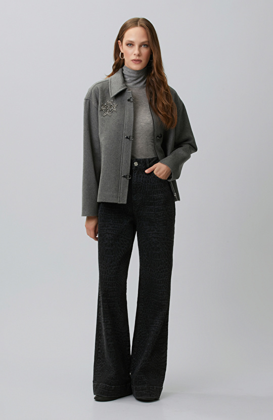 Siyah Wide Leg Croco Desen Denim Pantolon