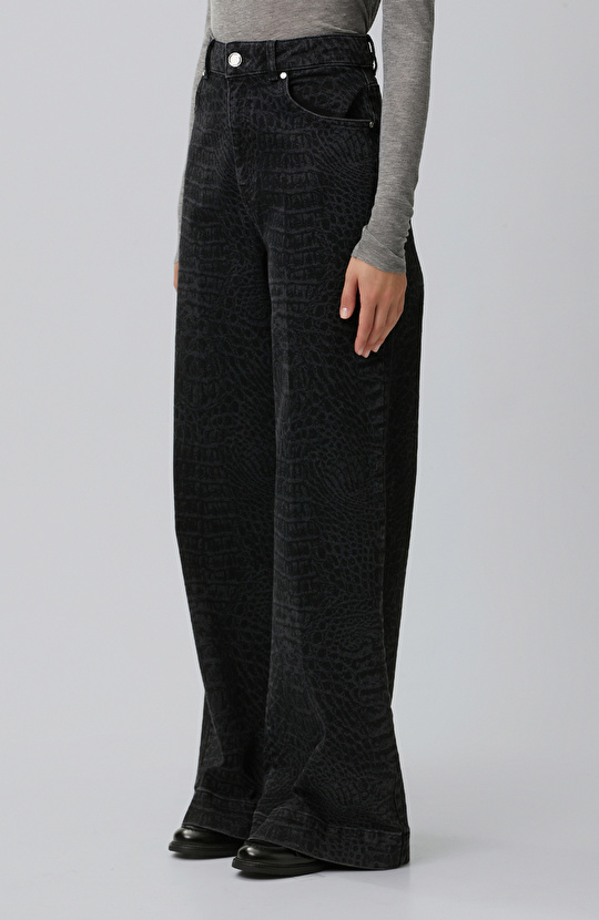Siyah Wide Leg Croco Desen Denim Pantolon
