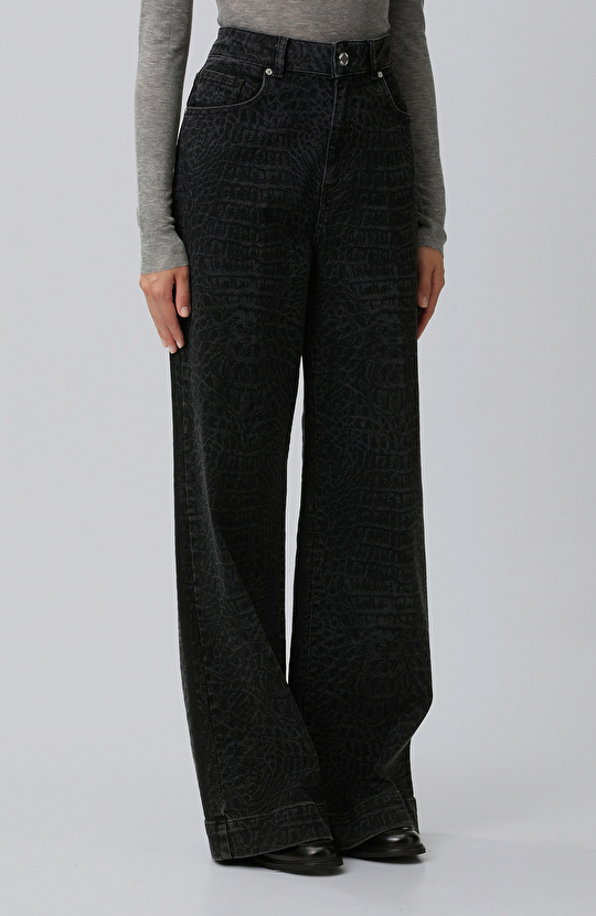 Siyah Wide Leg Croco Desen Denim Pantolon