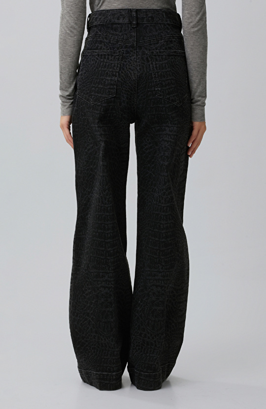 Siyah Wide Leg Croco Desen Denim Pantolon