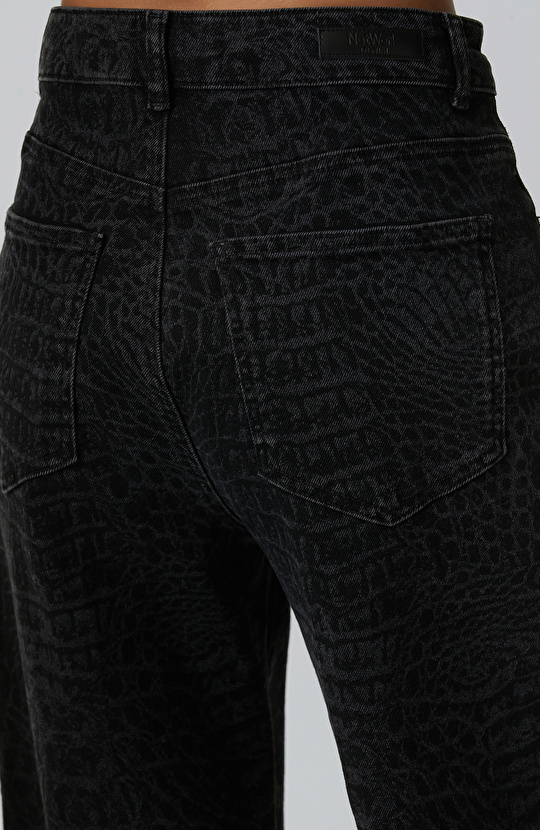 Siyah Wide Leg Croco Desen Denim Pantolon