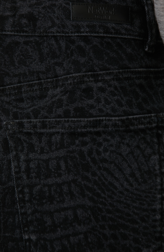 Siyah Wide Leg Croco Desen Denim Pantolon