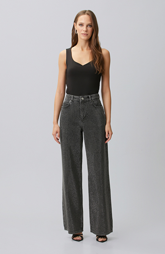Antrasit Wide Leg Baskılı Denim Pantolon
