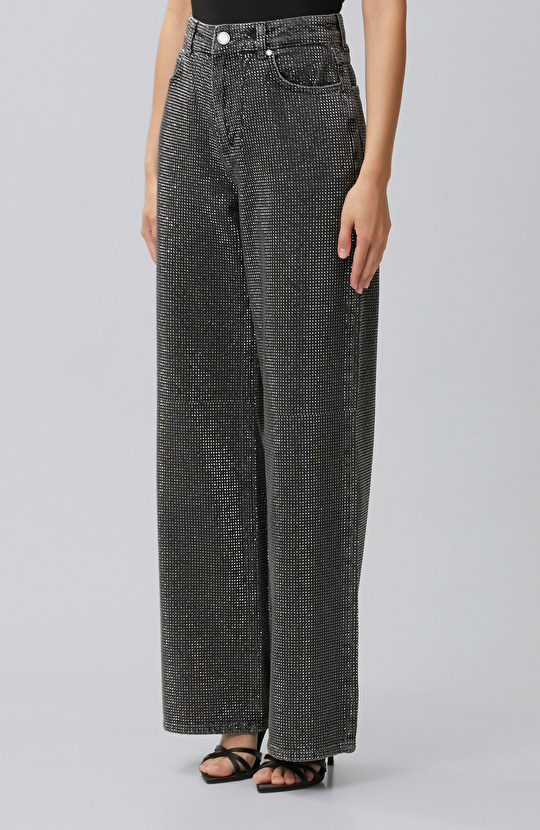 Antrasit Wide Leg Baskılı Denim Pantolon