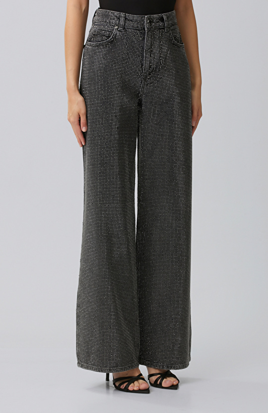 Antrasit Wide Leg Baskılı Denim Pantolon