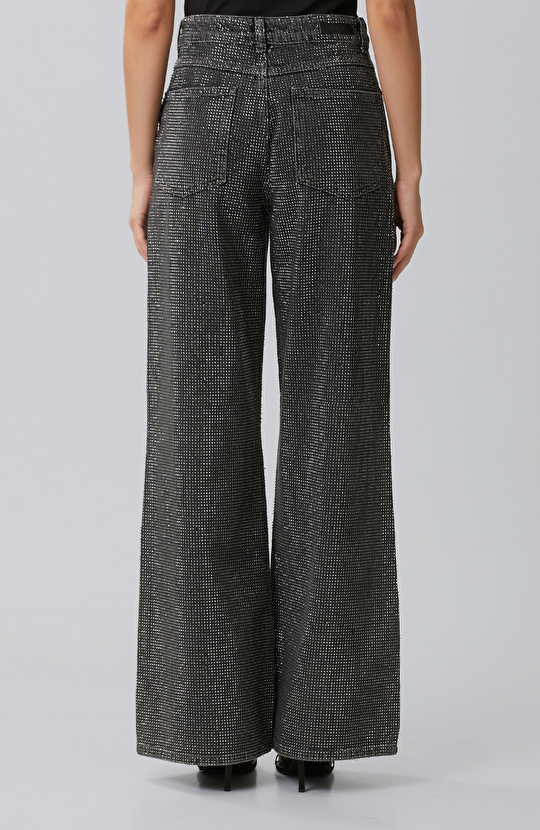 Antrasit Wide Leg Baskılı Denim Pantolon