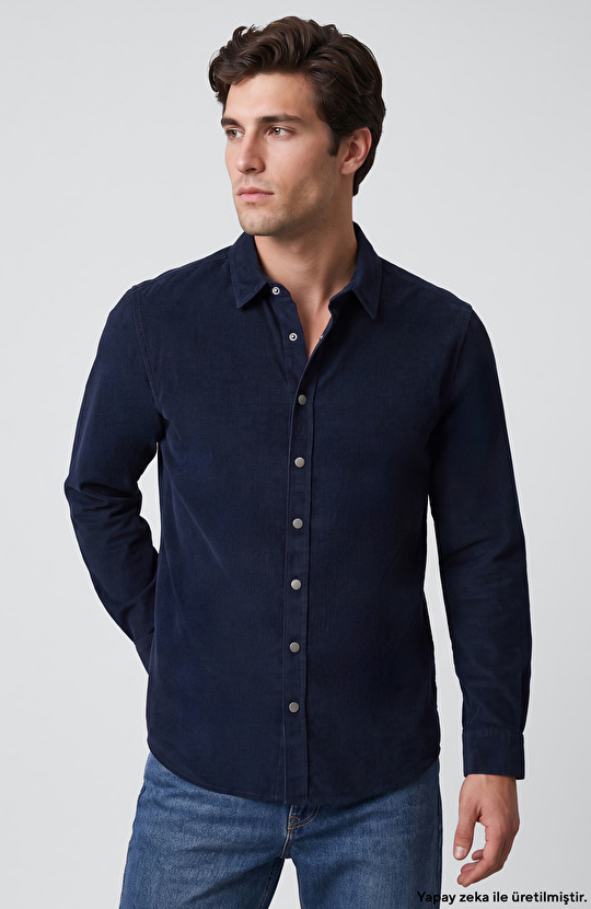 Slim Fit Lacivert Fitilli Kadife Cotton Gömlek