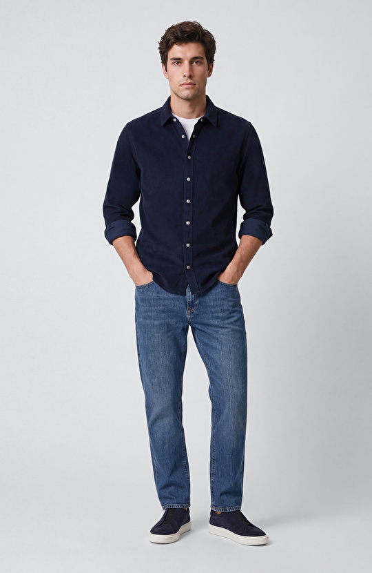 Slim Fit Lacivert Fitilli Kadife Cotton Gömlek
