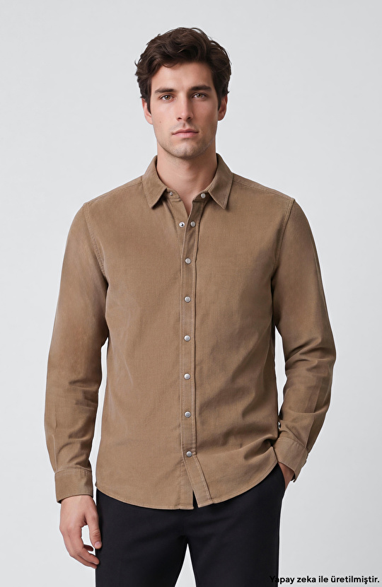 Slim Fit Vizon Pamuklu Fitilli Kadife Gömlek