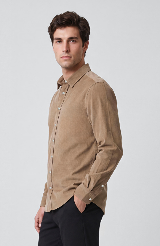 Slim Fit Vizon Pamuklu Fitilli Kadife Gömlek