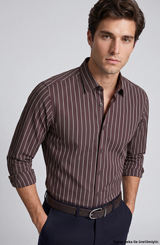Slim Fit Acı Kahve Çizgili Gömlek