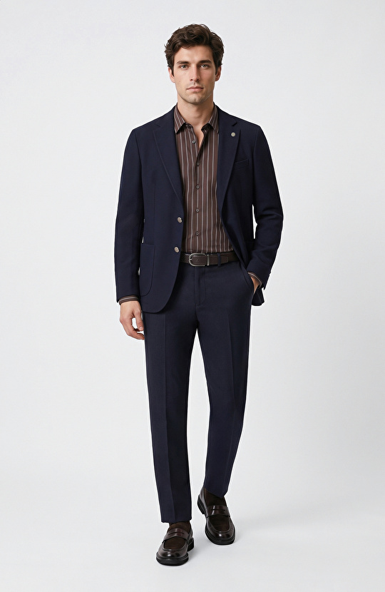 Slim Fit Acı Kahve Çizgili Gömlek