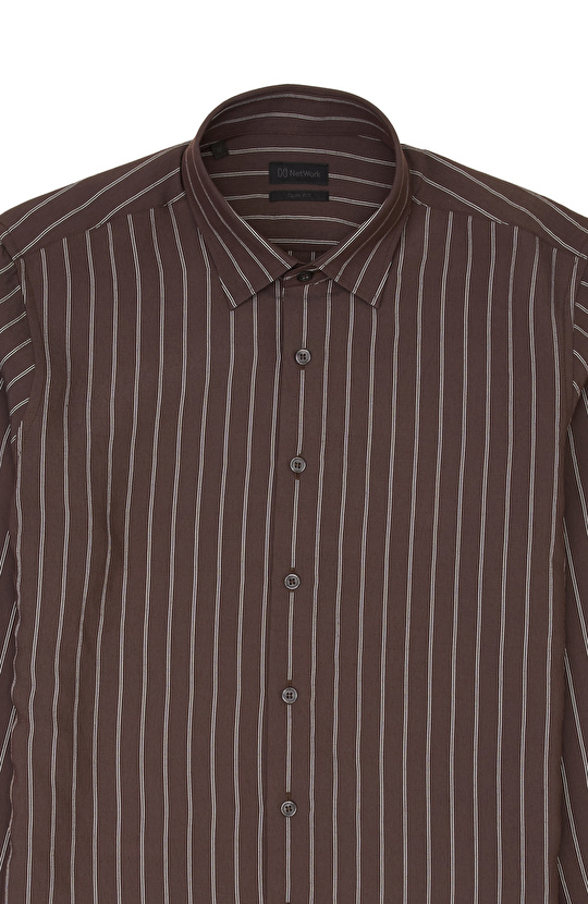 Slim Fit Acı Kahve Çizgili Gömlek