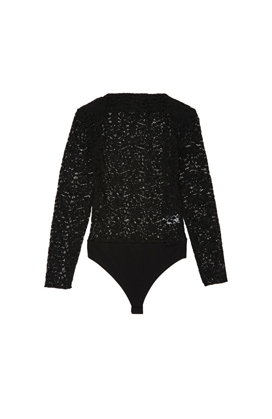 Siyah Güpür Bodysuit Örme Bluz