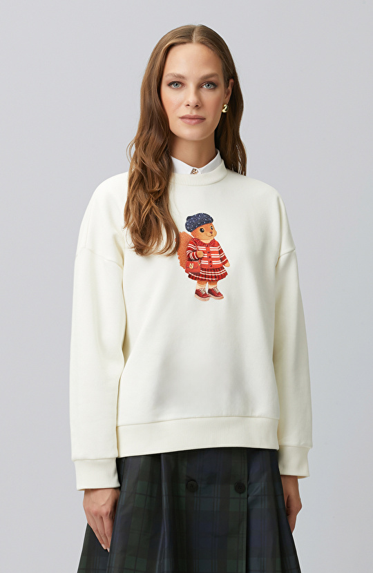 Kırık Beyaz Sincap Figürlü Baskılı Sweatshirt