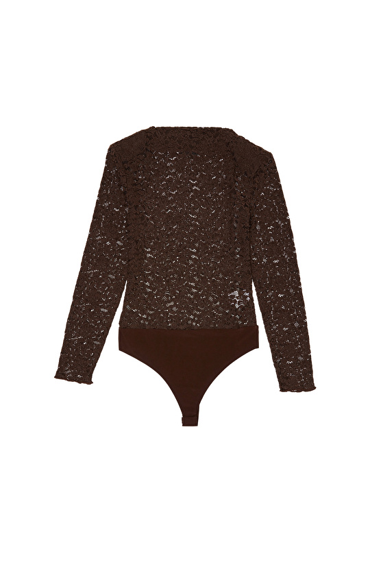 Acı Kahve Güpür Bodysuit Örme Bluz
