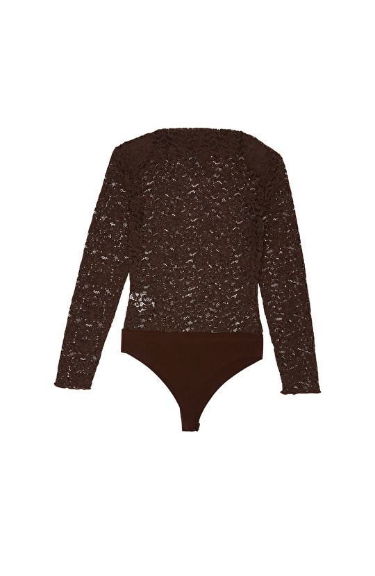 Acı Kahve Güpür Bodysuit Örme Bluz