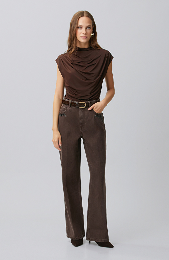 Acı Kahve Drape Detaylı Örme Bluz