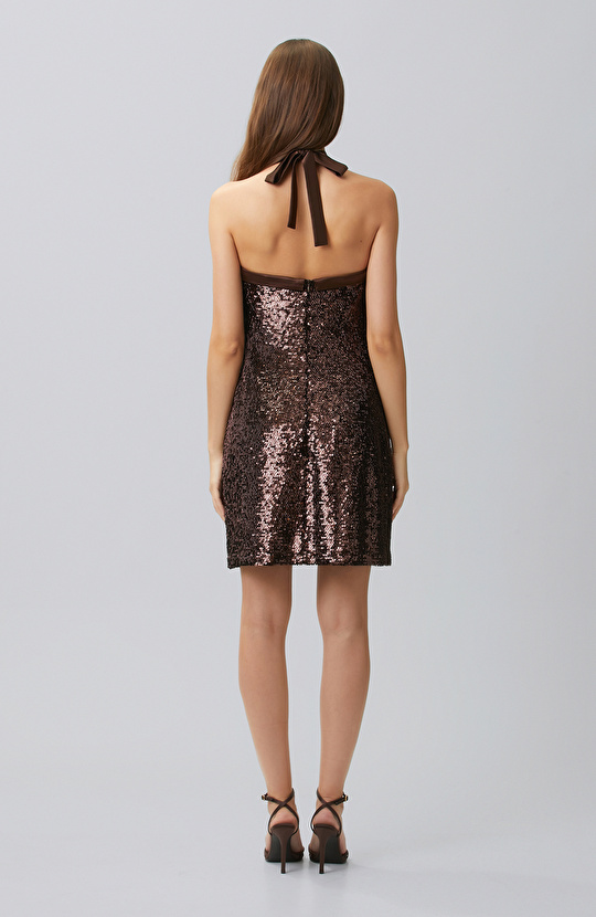 Slim Fit; Halter Yaka; Kolsuz; Payetli; Mini Abiye Elbise