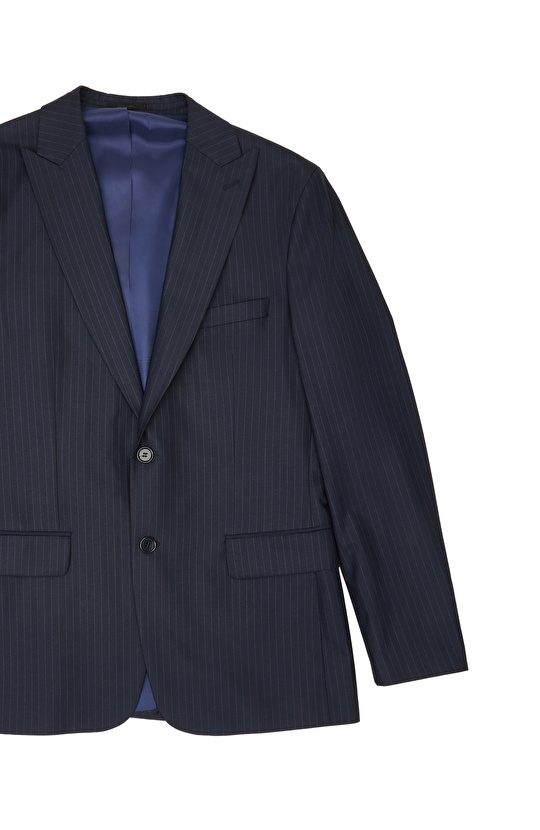 Lacivert Slim Fit Çizgili Yün Mix Takım Elbise