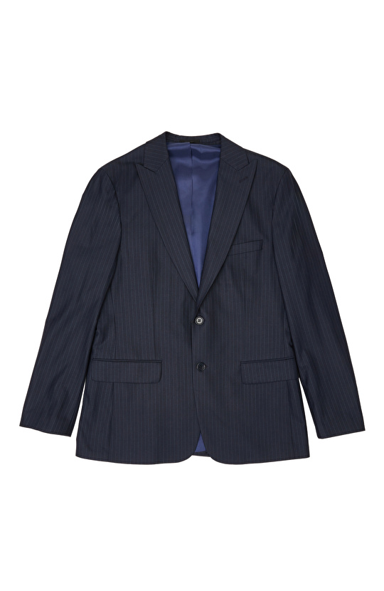 Lacivert Slim Fit Çizgili Yün Mix Takım Elbise