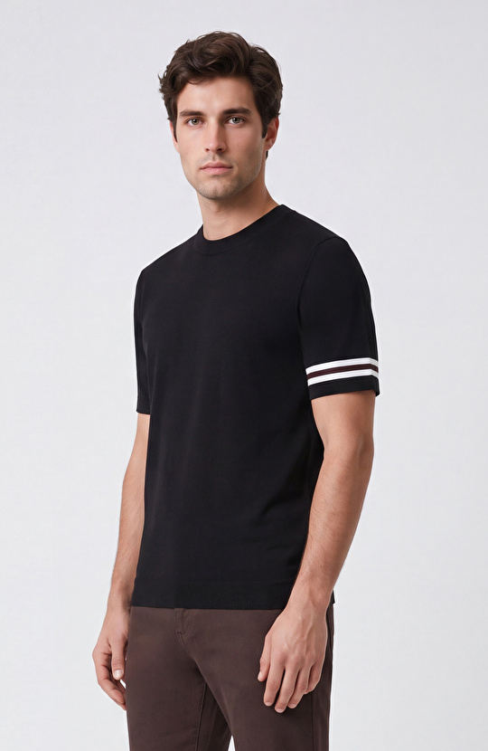 Black Sleeve Detail Block Patterned Short Sleeve Sweater
