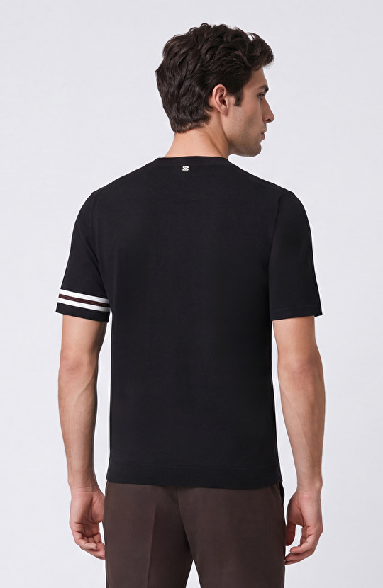 Black Sleeve Detail Block Patterned Short Sleeve Sweater