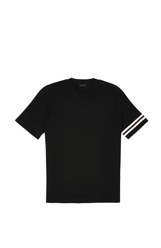 Black Sleeve Detail Block Patterned Short Sleeve Sweater