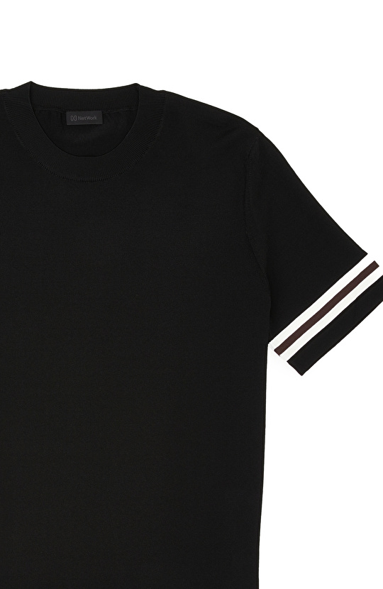 Black Sleeve Detail Block Patterned Short Sleeve Sweater