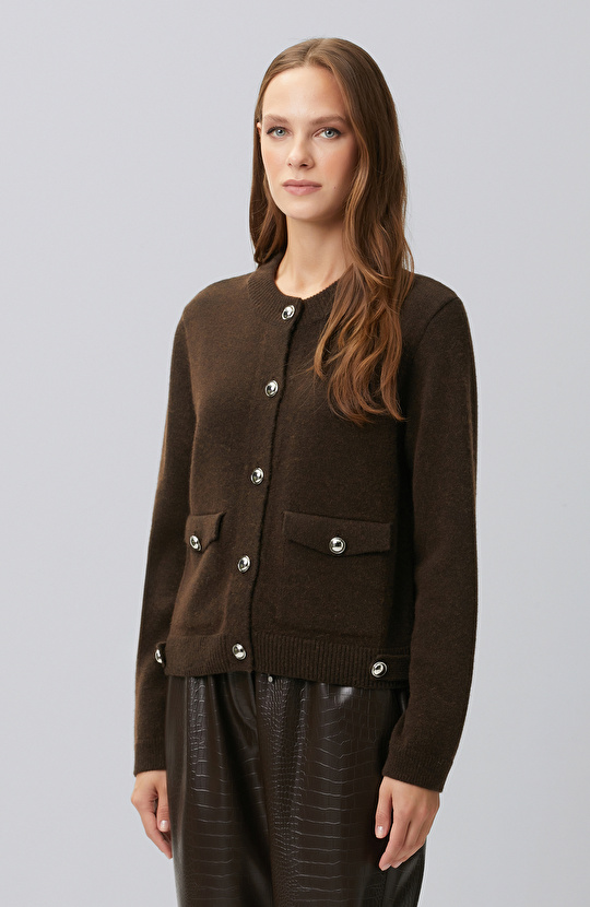 Regular Fit; Bisiklet Yaka; Cepli; Yün Karışımlı Triko Ceket