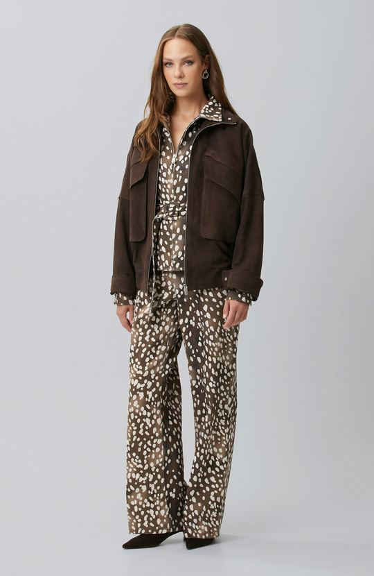 Bitter Brown Off White Animal Print Denim Jacket