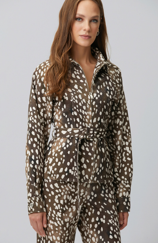 Bitter Brown Off White Animal Print Denim Jacket