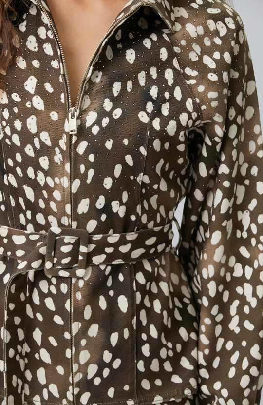 Bitter Brown Off White Animal Print Denim Jacket